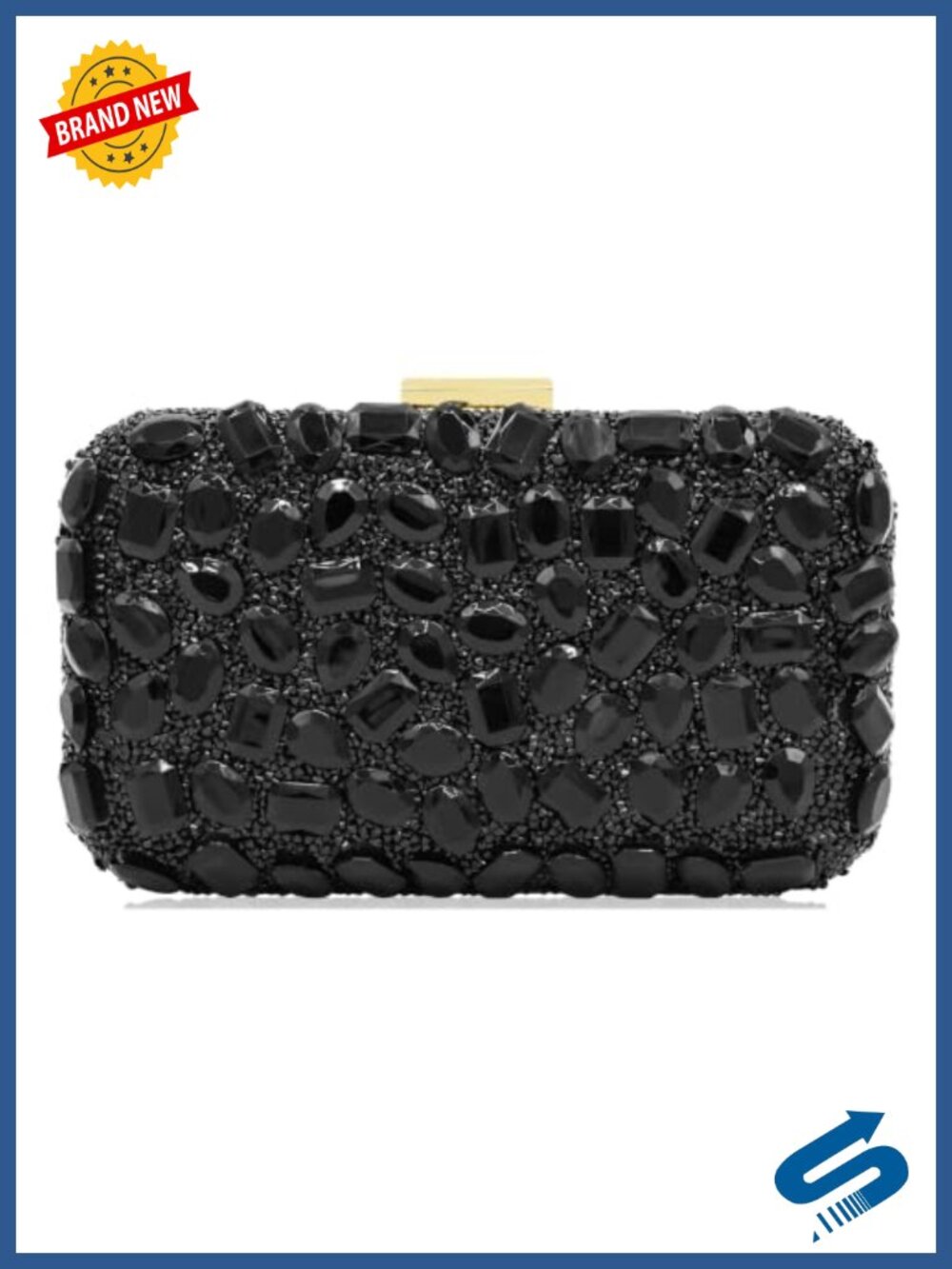 Crystal Clutch Evening Bag with Gold Metal Frame & Removable Chain Strap
